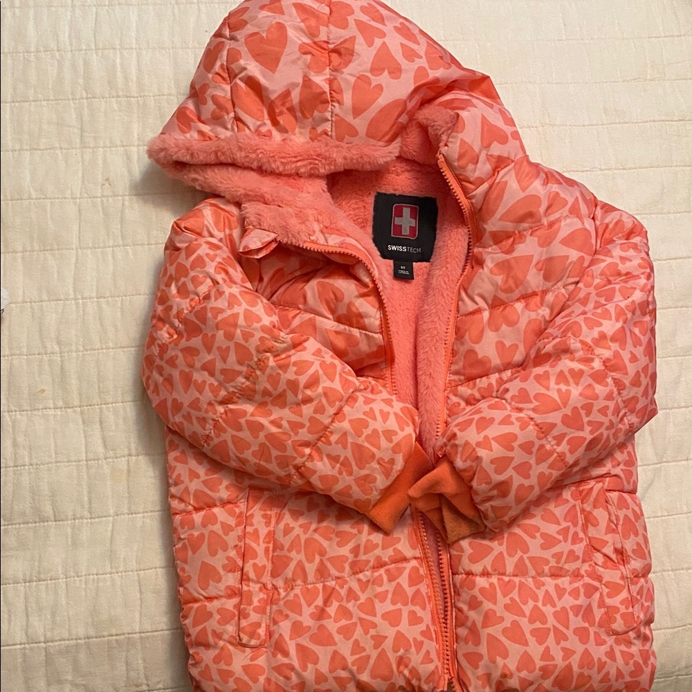 Swiss Tech Kids Heart Print Puffer Jacket - Orange